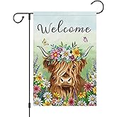 Wodison Welcome Spring Garden Flag Burlap Double Sided Vertical 12x18 Inch Highland Cow Spring Flag Farmhouse Yard Outdoor Decor