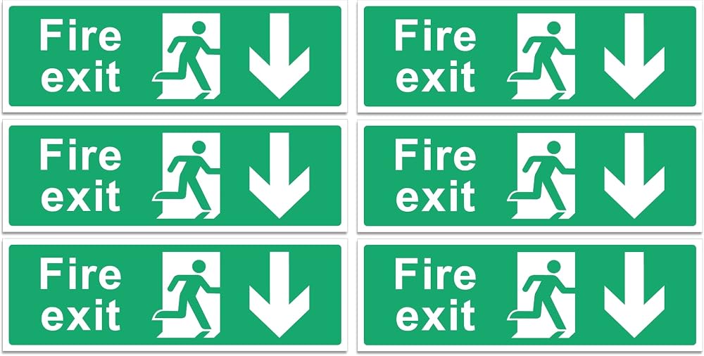 Rubigo Fire Exit Sign Down Arrow 30x10cm Self Adhesive Vinyl Safety Emergency