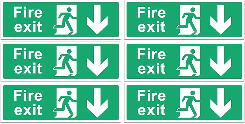 Rubigo Fire Exit Sign Down Arrow 30x10cm Self Adhesive Vinyl Safety Emergency