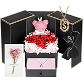 Valentine Gifts for Women Mom Girlfriend Wife Preserved Forever Flowers Roses Bear with 18K Gold Plated Necklace S, Eternal Flowers Rose Anniversary Birthday Gifts for Her Mother from Daughter