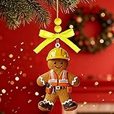 4in Gingerbread Man Construction Workers Ornaments for Christmas Tree Gingerbread Man Wooden Christmas Ornament for Xmas Holiday Birthday Party Home Hanging Decorations