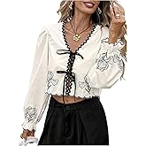Floerns Women's Floral Embroidery Tie Front Crop Tops V Neck Scallop Trim Blouse Shirts