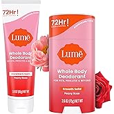Lume Whole Body Deodorant - Invisible Cream and Solid - 72 Hour Odor Control - Aluminum Free, Baking Soda Free, Skin Safe - 3.0 Ounce Cream and 2.6 Ounce Solid Bundle (Peony Rose)