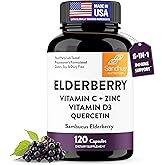 Elderberry Vitamin C and Zinc Capsules for Adults | 120 Count with Quercetin & Vitamin D3 | 6-in-1 Immune Support Supplement Pills | Sambucus Black Elderberry Natural Immunity Vitamins | Made in USA