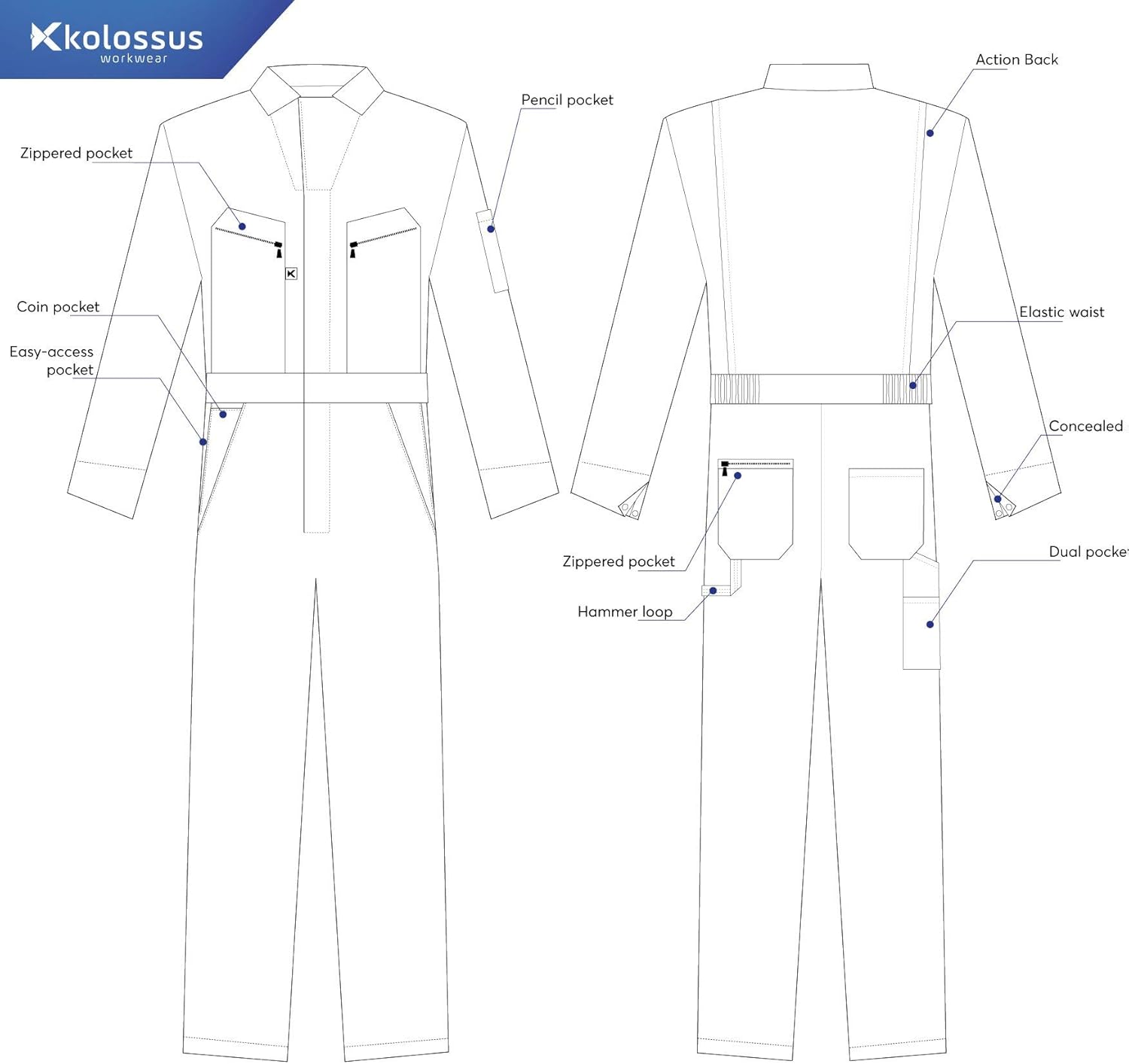 Kolossus Pro-Utility Cotton Blend Long Sleeve Coverall with Zippered Frontal Pockets: Clothing