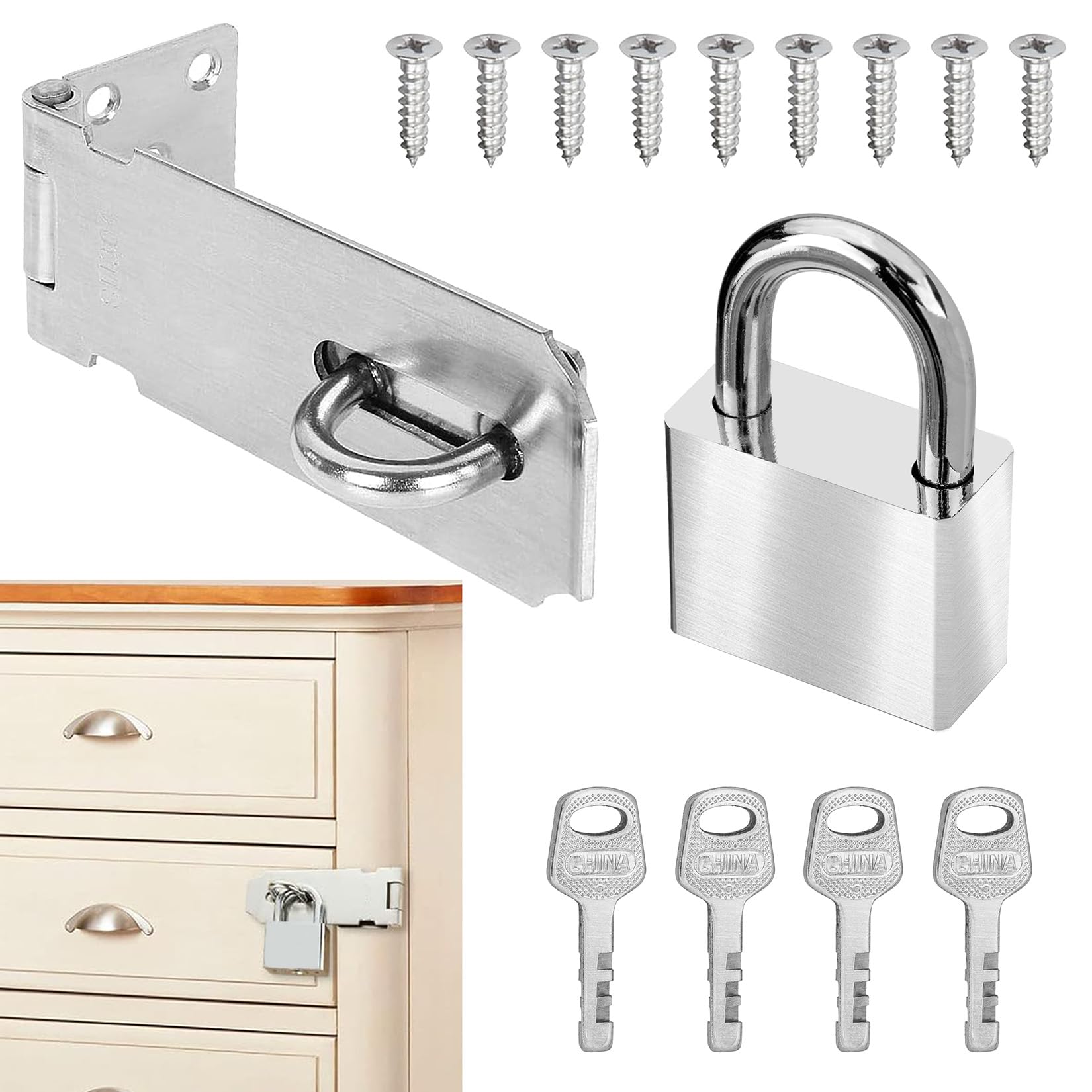 QOOSIKICC Padlock Hasp Kit, Deadbolt Lock Hasp with Padlock & Screws, Lock Device Security Hasp for Bedroom, Garden, Shed, Garage, Cabinet Door (Silver)