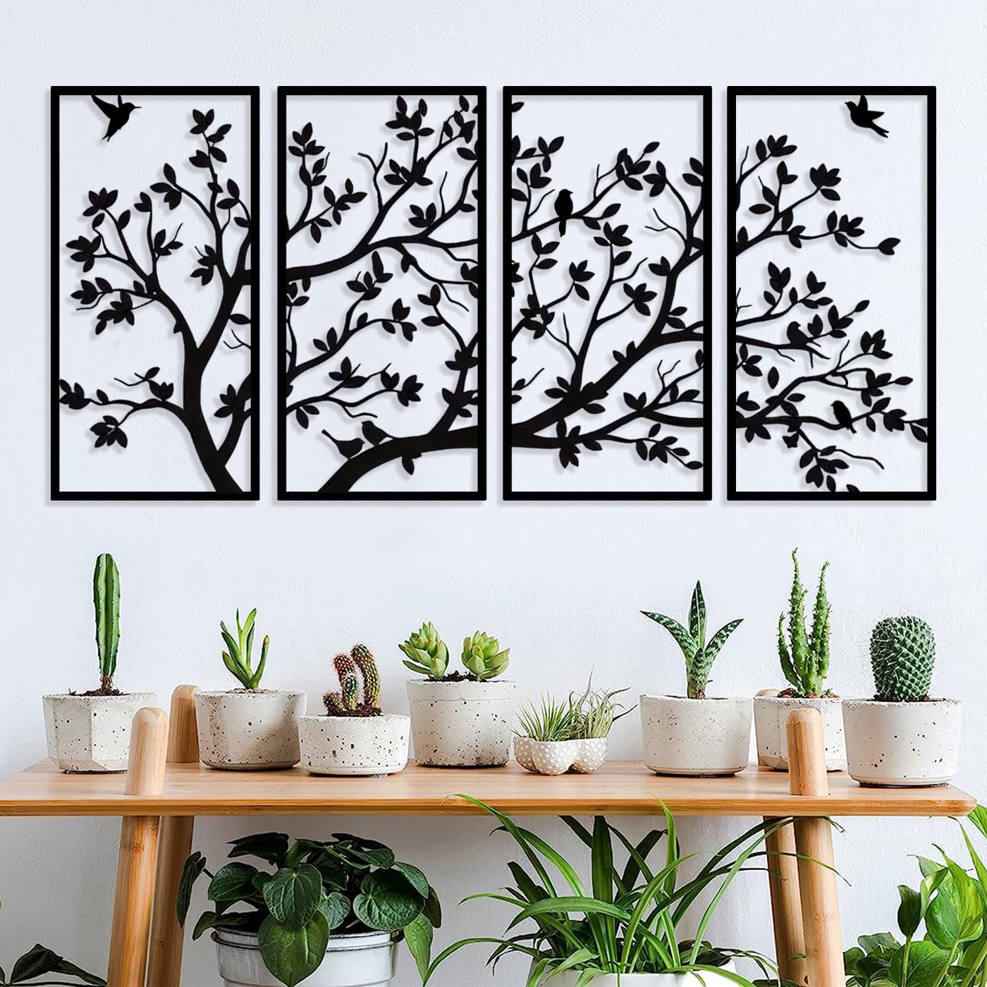 Luccyle Metal Tree of Life Wall Art Decor 4 Panels Tree Life Metal Wall Art for Gift Present Garden Home Bedroom Living Room(60cm*30cm/23.6in*11.8in)