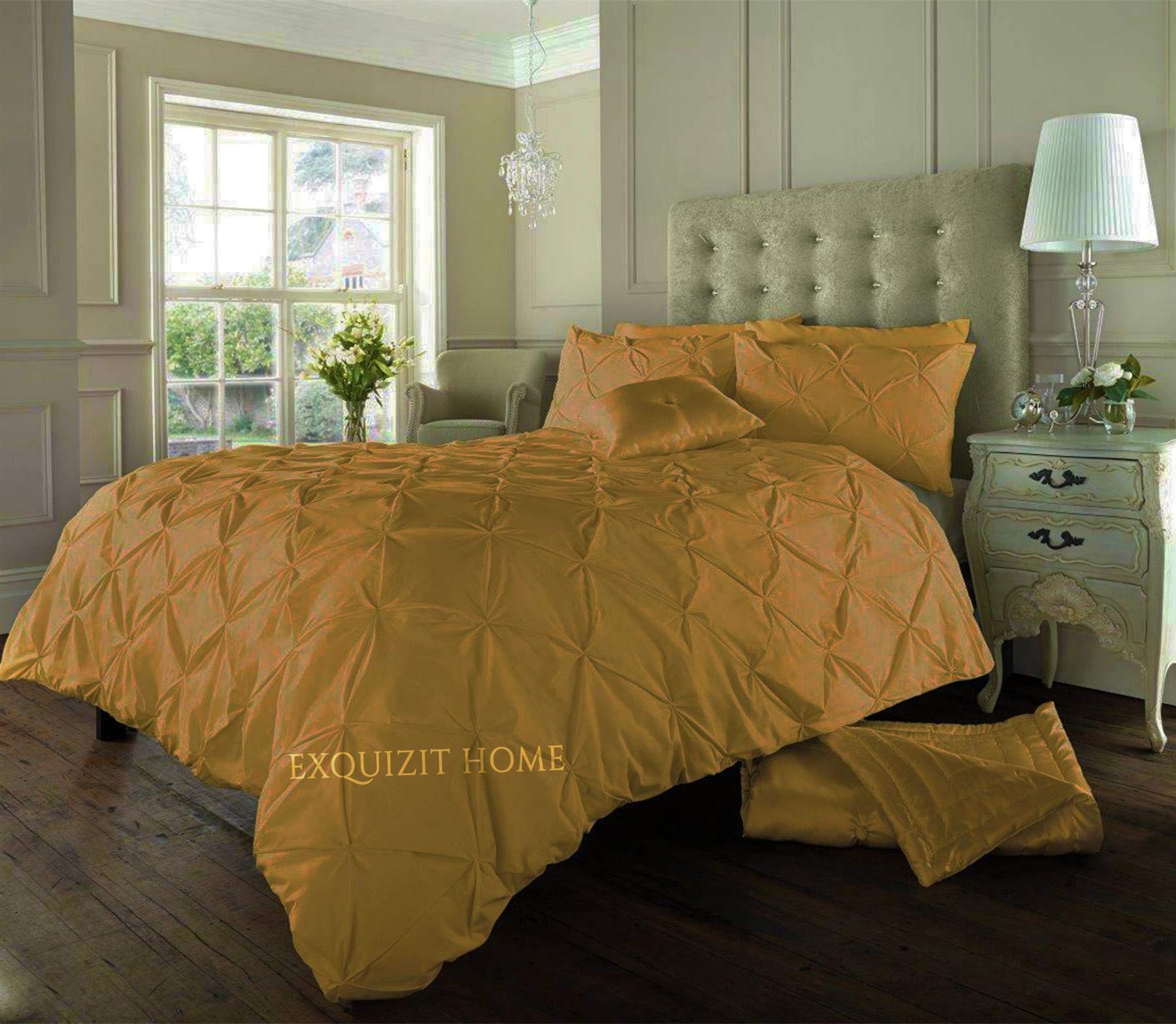EXQUIZIT HOME Duvet Quilt Cover Pin Tuck Pinch Pleat Alexander Alford Reversible Diamond Bedding Set With Matching Pillowcase Mustard Superking 260cm x 220cm Approximate