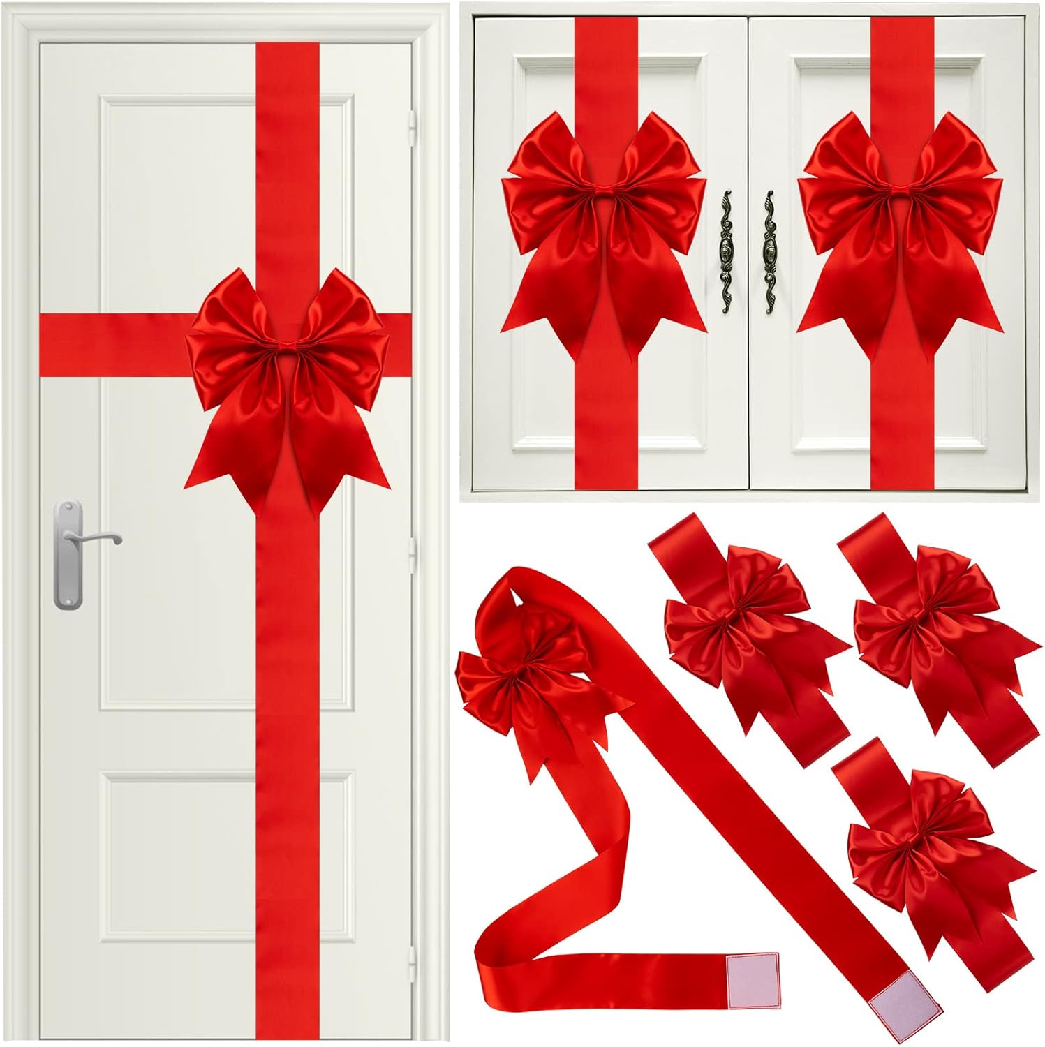 Bows & Ribbons - Ganeen 7 Pieces Christmas Cabinet Door Ribbon Bow Large Christmas Door Bow Christmas Cabinet Festive Ribbons Cabinet Bows Christmas Tree Bow Christmas Wreath Bow (Red)