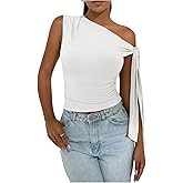 WDIRARA Women's One Shoulder Tank Top Knot Side Sleeveless Asymmetrical Tops White Medium