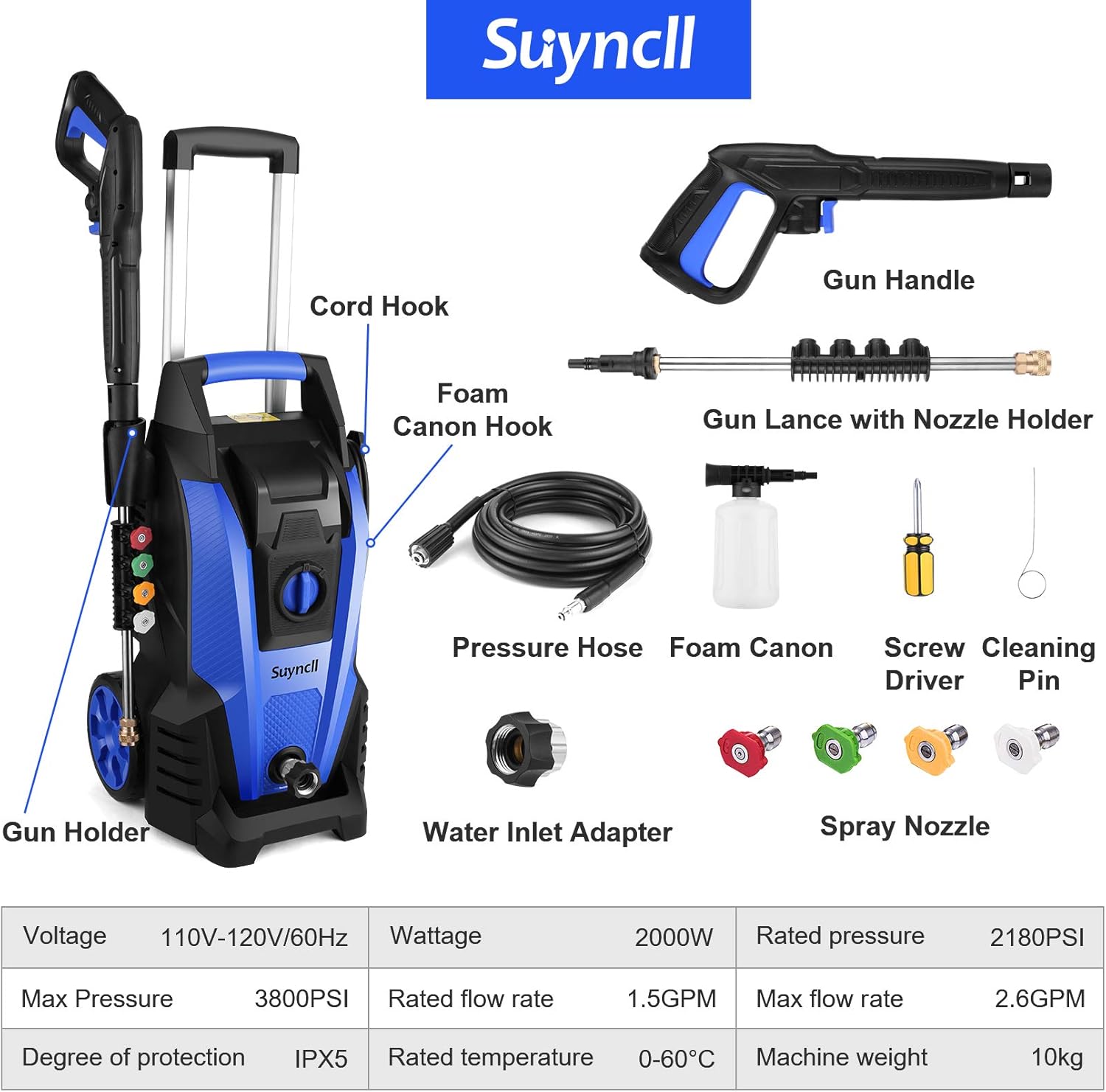 Suyncll Pressure Washer, 3800PSI Electric Power Washer, 2000W High Pressure Washer, Professional Washer Cleaner, with 4 Nozzles, Soap Bottle and Hose Reel, Best for Cleaning Cars, Driveways, Patios : Garden & Outdoor