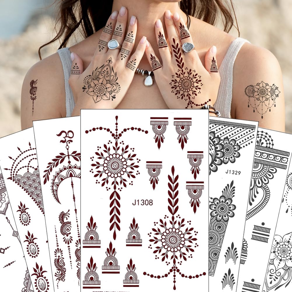 XMASIR 12 Sheets Black Brown Temporary Tattoo Sticker For Women Girls, Waterproof Fake Tattoos Kit Indian Mandala Flower Tattoo Stencils For Wedding Party Festivel — image 1