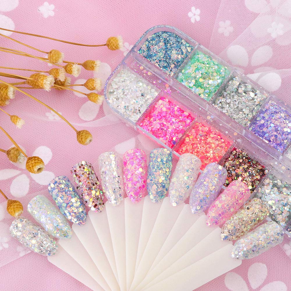 Holographic Nail Glitter Sequins Nail Art Accessories Mixed Colorful 3D Nail Glitter Flakes for Nails Decoration Shiny Nail Sparkle Glitter Designs Mermaid Manicure Tips Charms (12 Colors): Beauty