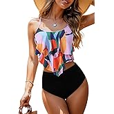 Womens Tankini Swimsuits Ruffled Tank Top Tummy Control Floral Modest Swimwear High Waisted Bikini