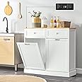 GAZHOME 20 Gallon Double Tilt Out Trash Cabinet with Charging Station, Upgrade Wooden Free Standing Trash Cabinet with Outlet,Recycling Cabinet with Hideaway Drawer (White)