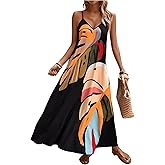 GORGLITTER Women's Sleeveless V Neck Oversized Maxi Long Dress Boho Bump Friendly Graphic Casual Beach Flowy Sun Dress