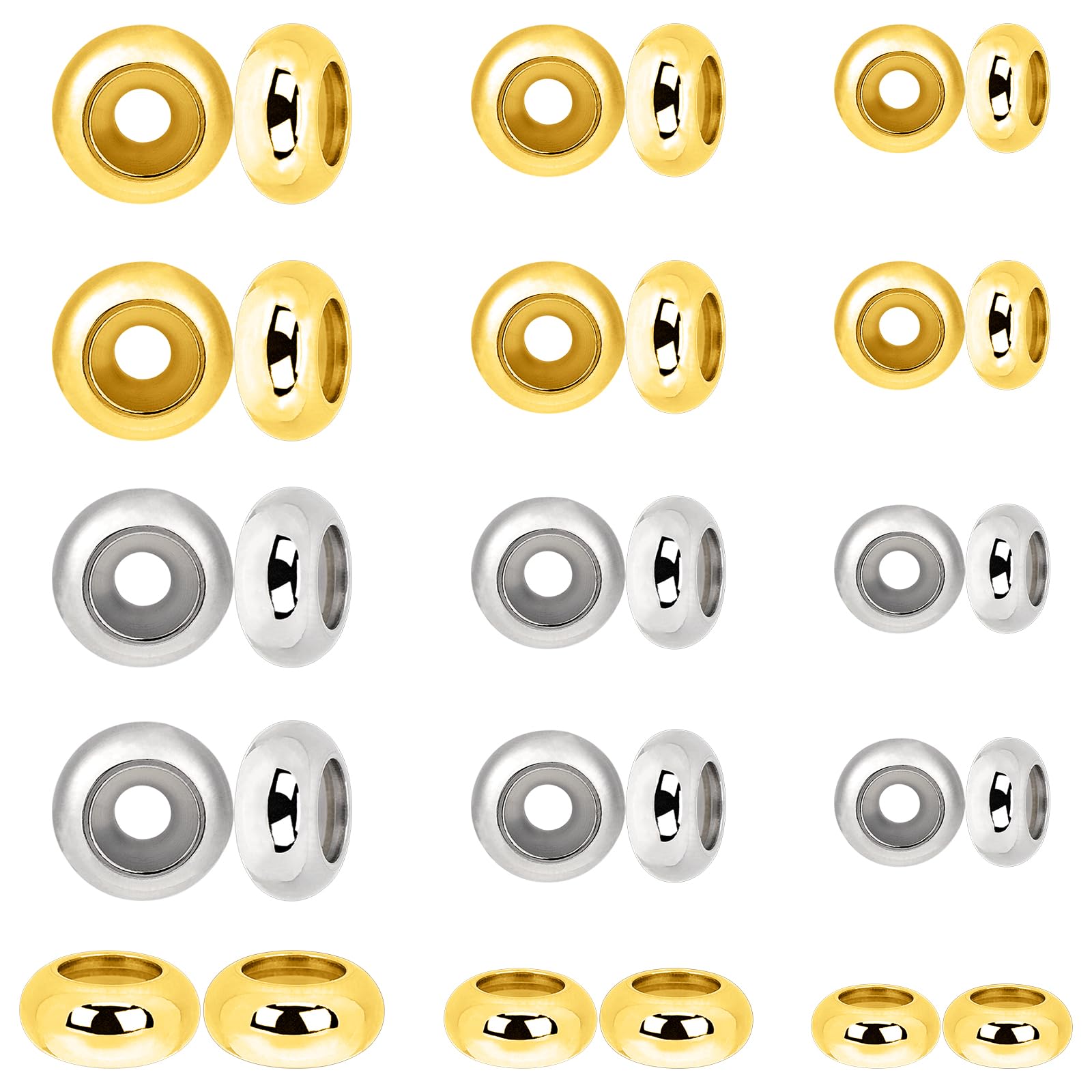 Photo 1 of 30Pcs Stainless Steel Stopper Beads for Charm Bracelets, Adjustable Slider Beads Spacer Beads Metal Loose Beads Gold and Silver 6/8/10mm with Insert Rubber Locating Rings for DIY Jewelry Making