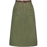 Belle Poque Denim Skirt with Belt Below Knee Length High Waisted Jean Skirts for Women