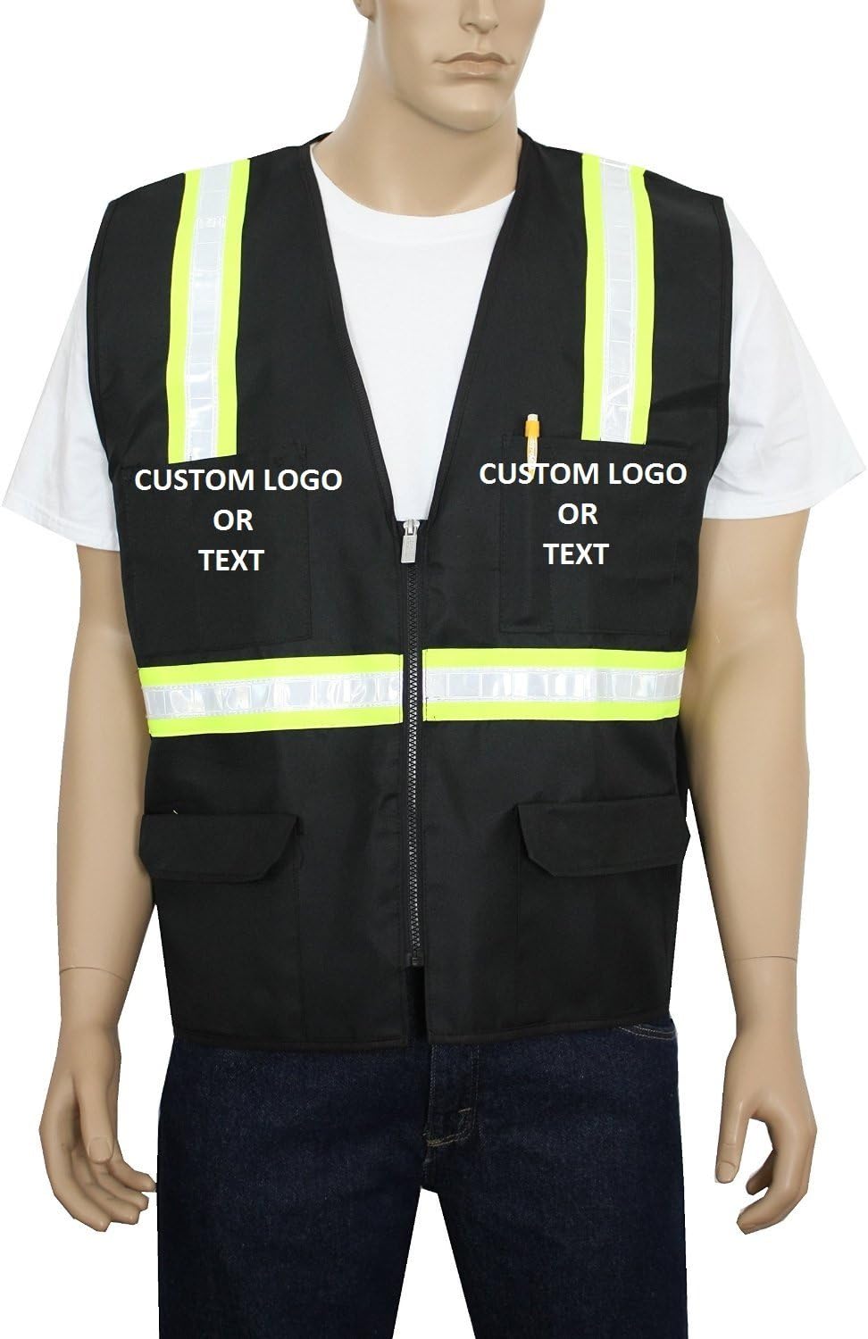 Safety Depot Customizable Two Tone Reflective Surveyor Safety Vest with Zipper and Pockets Hi-Vis Custom Text, Logo and Images on Chest and Back 8038-BK (Black, 3XL)