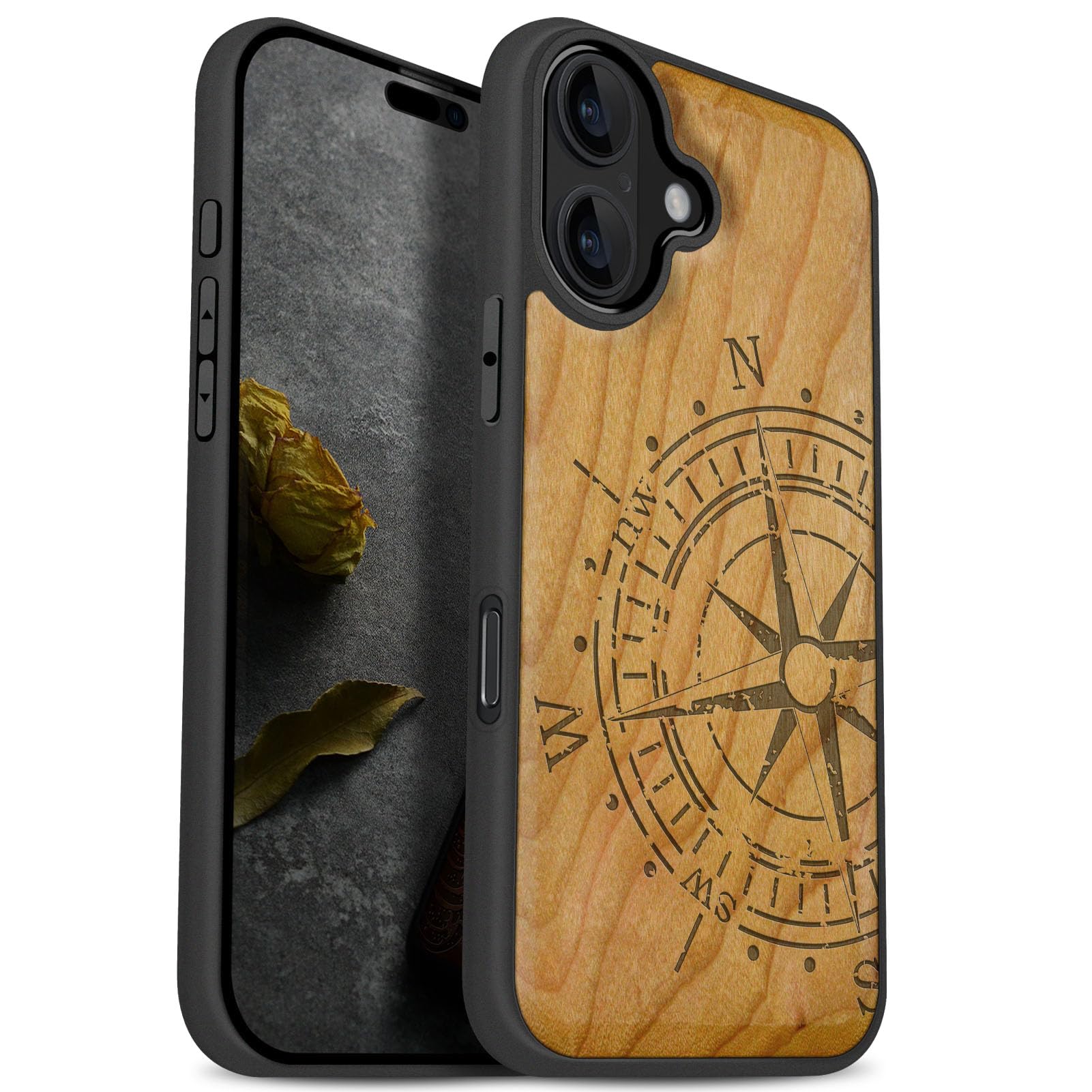 Carveit Magnetic Wooden Case for iPhone 17 Case, Wood Artisan Engraved & Black Soft TPU Shockproof Cover, Compatible with MagSafe Wireless Chargers (The Incomplete Compass) Cherry