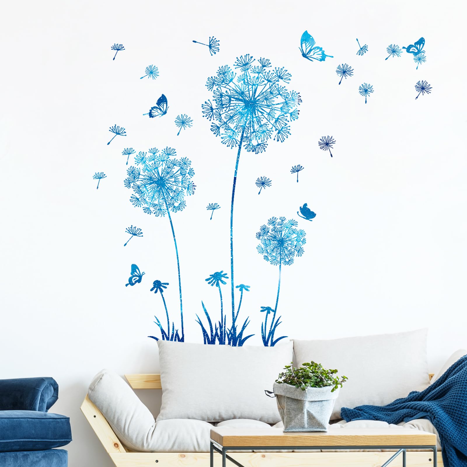 Tanlaby Dandelion Wall Stickers, Blue Flowers Butterflies Wall Decals, Wall Art Stickers for Bedroom Living Room Sofa Backdrop TV Wall Decor