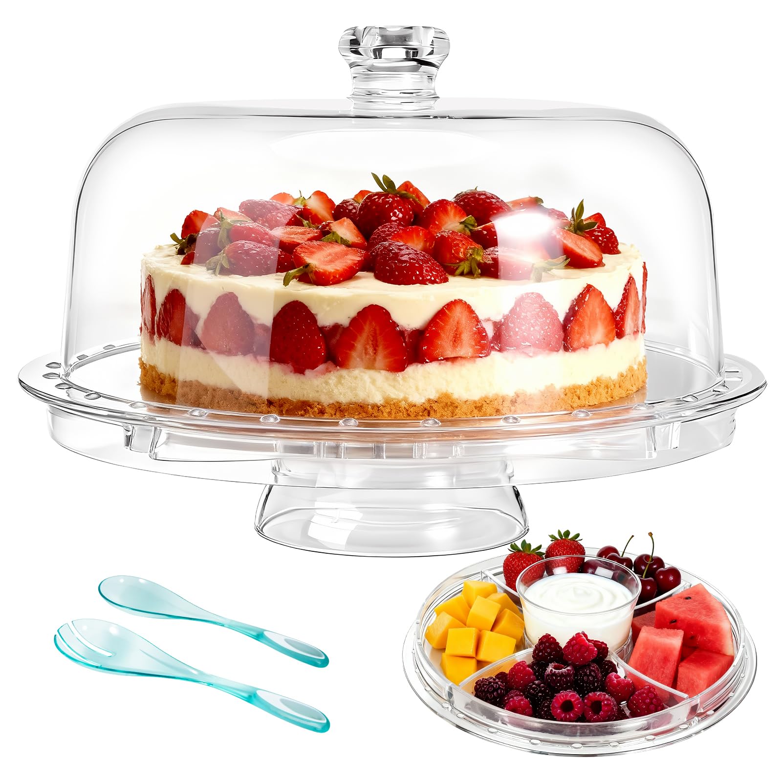 Masthome Cake Stand with Dome Lid, 6 in 1 Cake Display Stand, Plastic Cake Plate with Cover, Multifunctional Cake Stands for Salad Bowl, Chip Dip Server, Cupcake Display - Send 2 Spoons