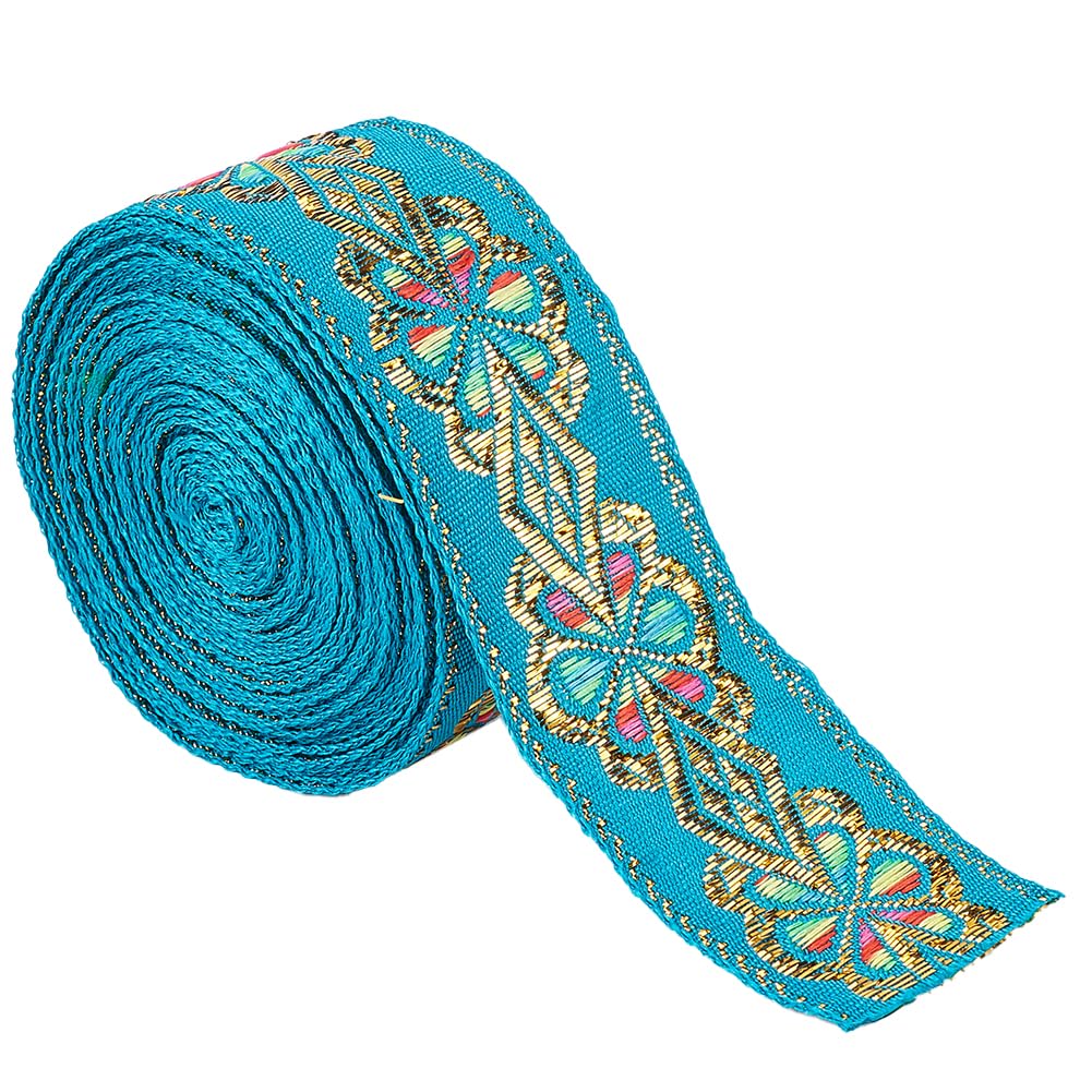 GORGECRAFT 7m Ethnic Embroidery Lace Ribbon 45mm Vintage Geometric Jacquard Metallic Turquoise Ribbon Floral Woven Trim Embellishment for Diy Sewing Accessories Gift Wrapping Handmade Bag Making