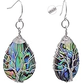 Sterling Silver Earrings Hooks Teardrop Abalone Shell Wrapped Tree of Life Earrings for Women, White Gold Tone