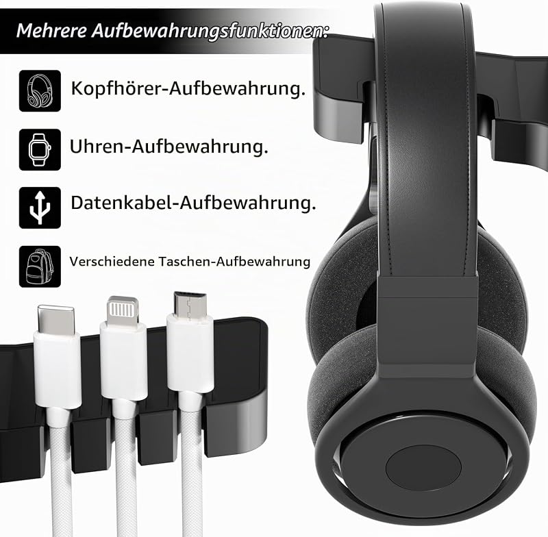 Smartwatch & Headset Halterung Doppelter Kopfhörer Ständer mit 3-Port-USB-Ladefunktion (20W PD & QC3.0) für Unter dem Schreibtisch, Selbstklebend Kopfhörerständer für Gaming Headset Zubehör