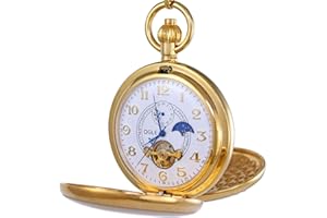 OGLE Vintage Copper Double Cover Tourbillon Phases Moon Chain Fob Self Winding Automatic Mechanical Pocket Watch/Gold Dial