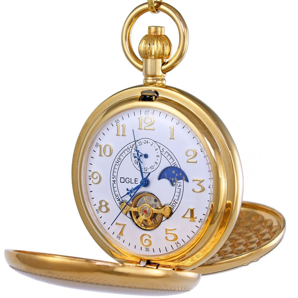 OGLE Vintage Copper Double Cover Phases Moon Chain Fob Self Winding Automatic Mechanical Pocket Watch/White Dial,