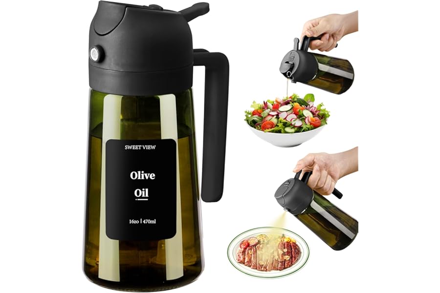 Olive Oil Sprayer for Cooking, 16oz/470ml Glass Light-Proof Oil Pourer for Kitchen, Air Fryer, Cooking, Salad, and BBQ by SWE Book