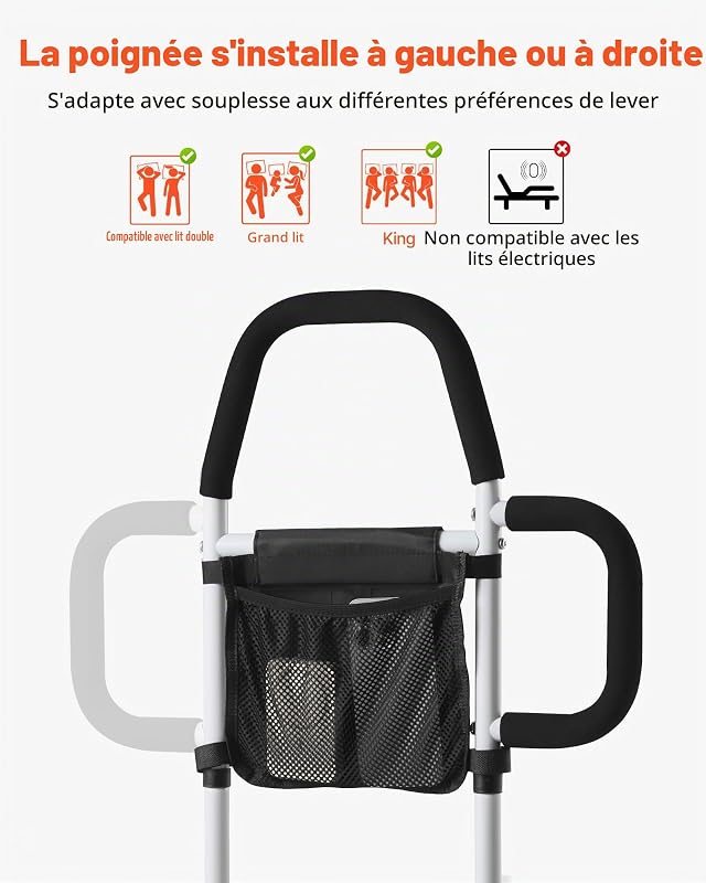 Barrière de lit Personnes âgées, Barre d’Appui pour lit, avec poignée latérale et Main Courante en PU, Hauteur réglable, en Tube d'acier au Carbone, Rampe d'assistance de Chevet pour Patients