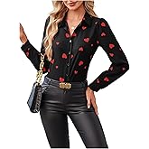 Floerns Women's Heart Print Long Sleeve Button Down Lapel Collar Blouse Top
