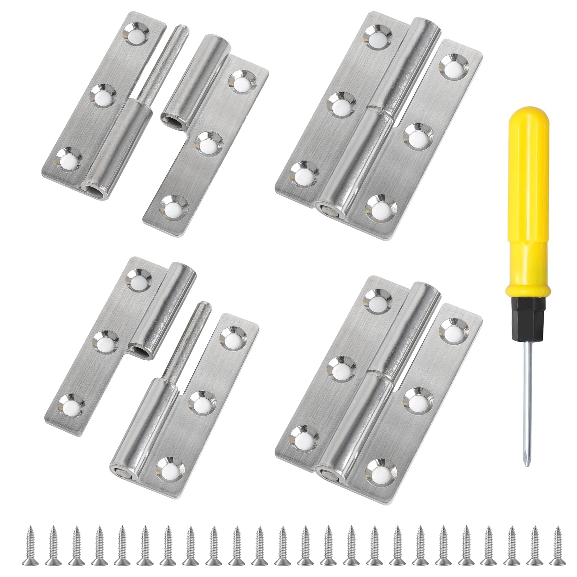 DesertBoy 4 Pcs Detachable Door Hinges, 2.5 Inch Stainless Steel Lift Off Hinge, Detachable Hinges with Screws & Screwdriver for Door, Window, Wooden Box, Cupboard (2pcs Left + 2pcs Right)