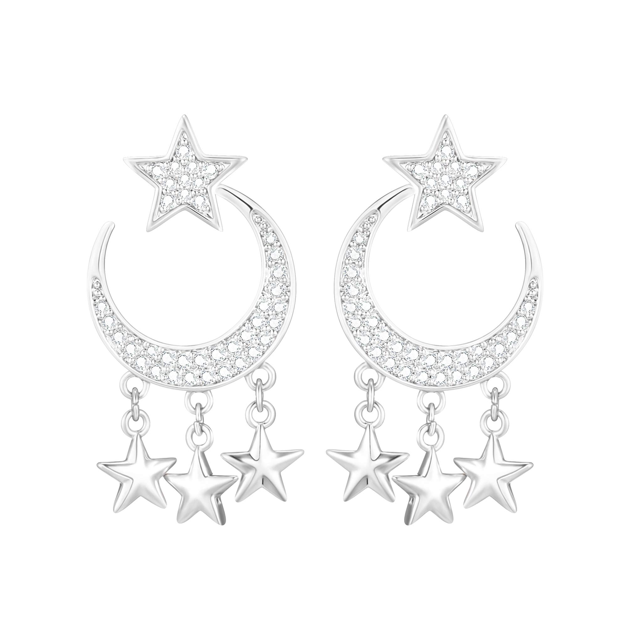 Star drop earrings for women, Moon drangle earrings for girls, hypoallergenic copper sparkling CZ zircon jewelry, suitable for birthday, wedding, Valentine’s, mother’s day