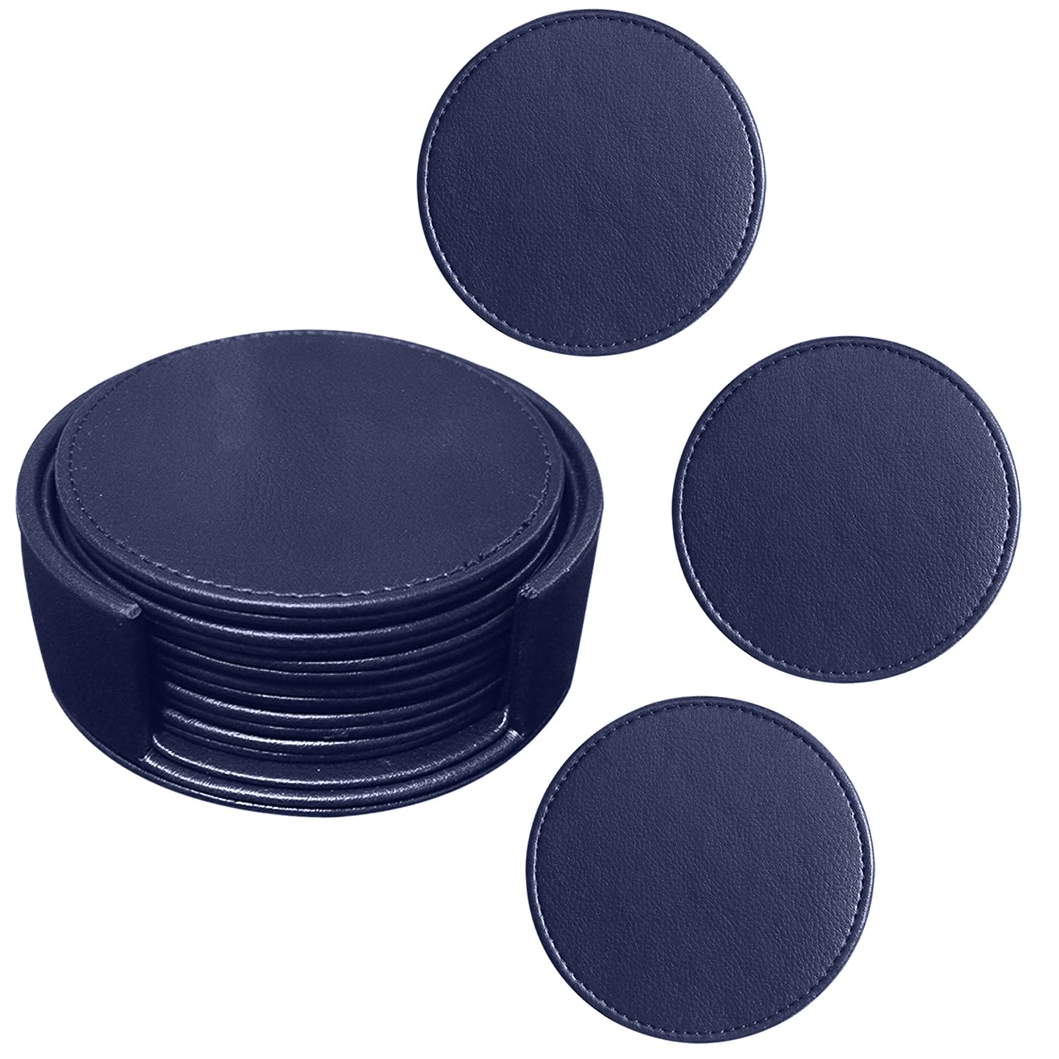 Faux leather round Tea Coasters with cover, pack of 6 for Dinner table and bars (Blue)