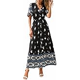 PRETTYGARDEN Womens Summer Boho Maxi Dress 2026 Trendy Short Sleeve V Neck Flowy Beach Floral Dresses with Pockets