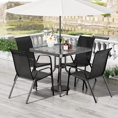 TLSUNNY Patio Dining Set 5 Pieces, All Weather Outdoor Furniture W/30"X 30" Table and 4 Stackable Textilene Chairs, Metal Table and Chairs for Lawn, Garden, Poolside, Backyard (Umbrella not Included)
