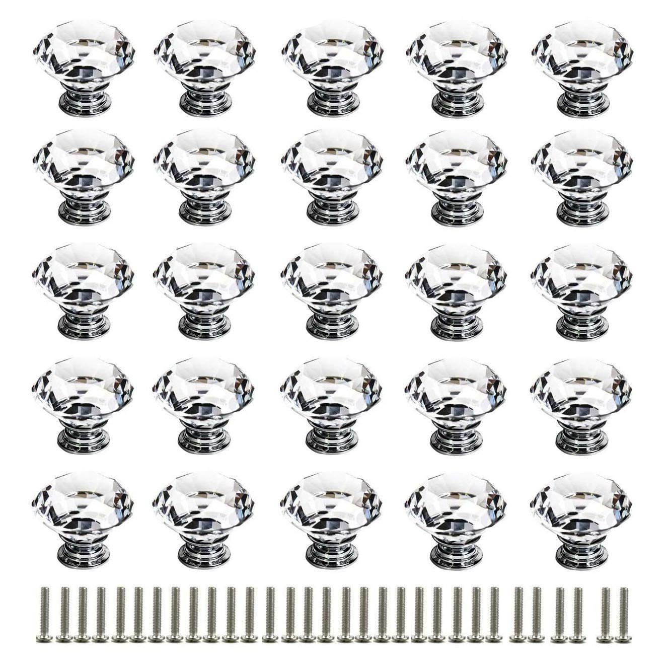 KAHEIGN 25Pcs Crystal Door Knob, 30MM Diamond Drawer Knobs Crystal Door Handles Diamond Pulls for Home Kitchen Office Chest Cabinet Drawer (wiht 25Pcs Screw)