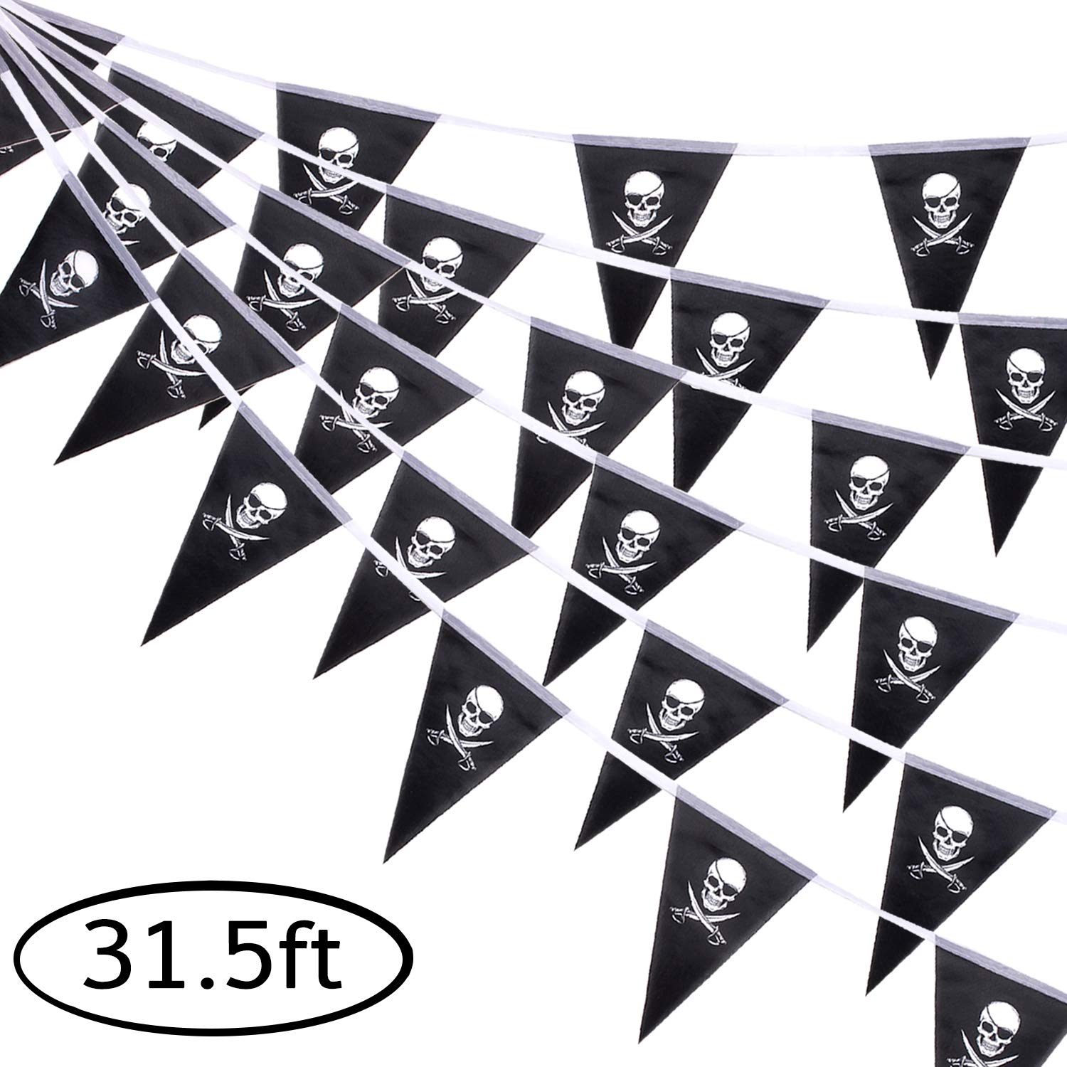 Whaline 31.5ft Halloween Jolly Roger Banner, Skull Pirate Flags 30Pcs Triangle Flags Bunting for Halloween Party Pirate Party and Outdoor Decoration, Vivid Color and UV Fade Resistant