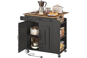 RALGEND Kitchen Island with Power Outlets & Drop Leaf, Rolling Kitchen Cart on Wheels, Kitchen Storage Island with Spice Rack and Drawer for Kitchen, Dinning Room, Black and Rustic Brown