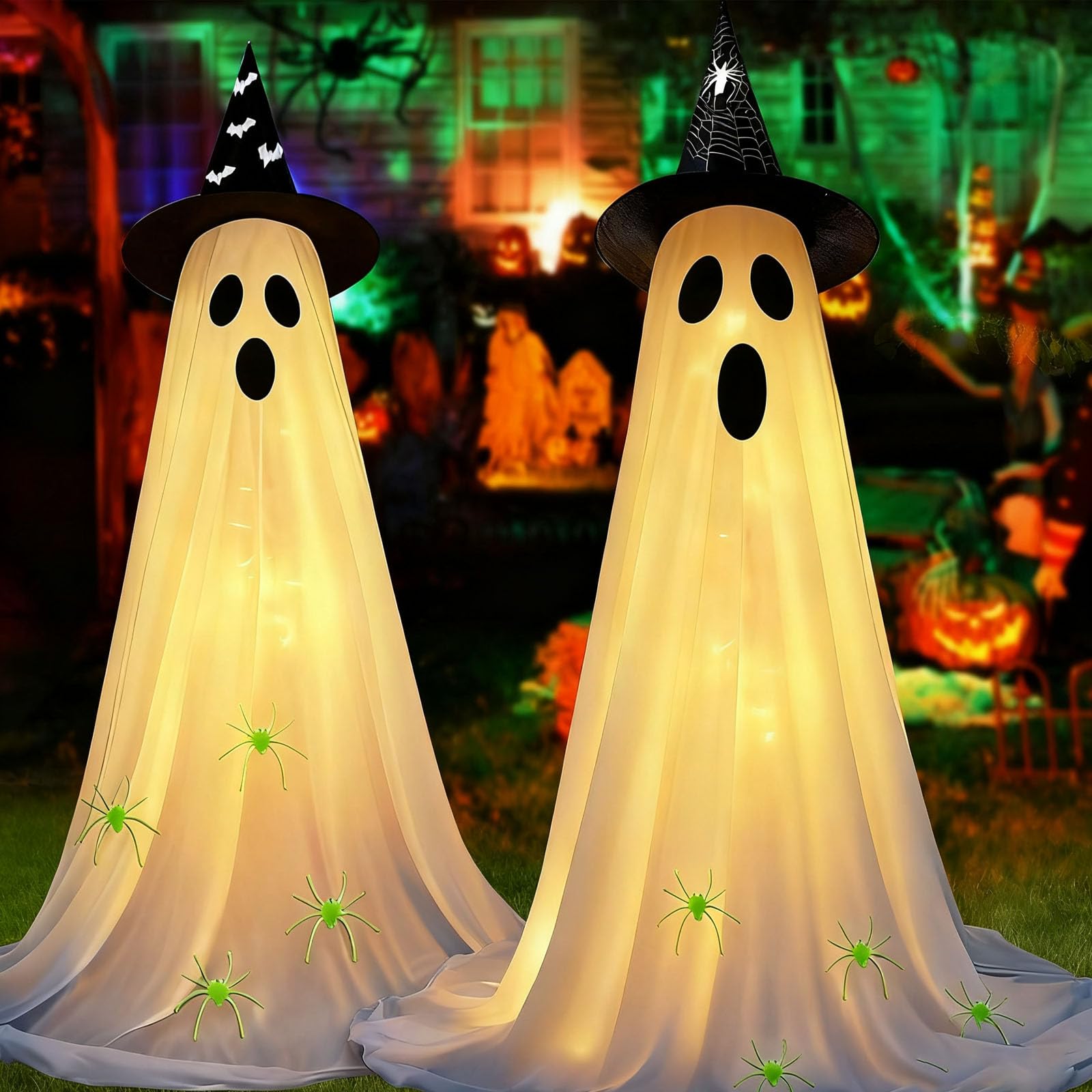Photo 1 of 2pcs Ghost Halloween Decorations Outdoor Indoor Light Up Ghost Decorations Kit 5FT DIY Adjustable standing Porch Yard Ghost Decor with 3D Luminous Spider & Hat Lighted Ghost Halloween Lawn Decorations