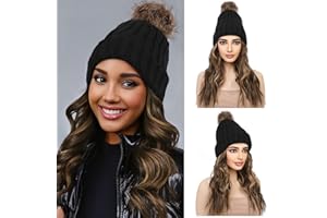 REECHO Warm Knitted Beanie Hat with 12" Beach Wavy Synthetic Hairpiece for Women - Black Beanie, Chocolate Brown with Highlights Hair
