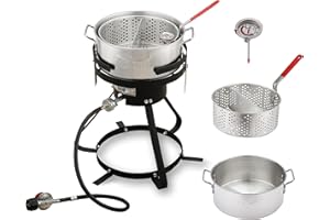 Feasto 10 Qt Aluminum Outdoor Propane Gas Fish Fryer Pot Kit with Strainer Basket, 50,000 BTU Burner, Adjustable 0-5 PSI Regulator, Perfect for Boiling and Frying