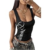 Floerns Women's Y2k Tank Tops Sleeveless Square Neck Letter Graphic Ruched Going Out Tops