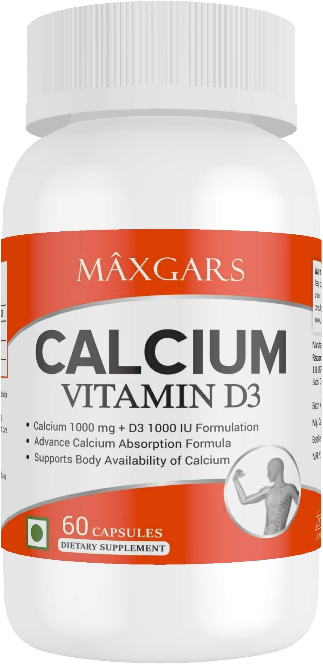 Maxgars Calcium with Vitamin D3 with Calcium 1000 mg and Vitamin D3 1000IU (60 Capsules; 30 Servings)