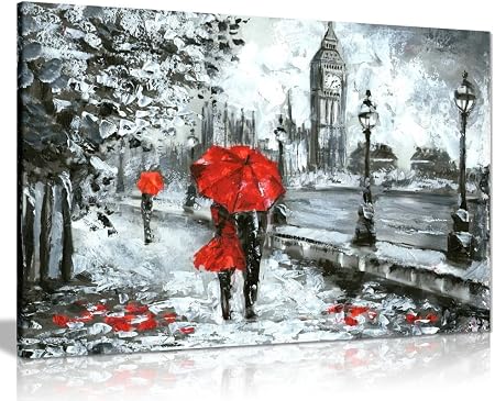 Oil Painting Street View Of London Artwork Black White And Red Big Ben Canvas Wall Art Picture Print 12x8 Amazon Co Uk Kitchen Home