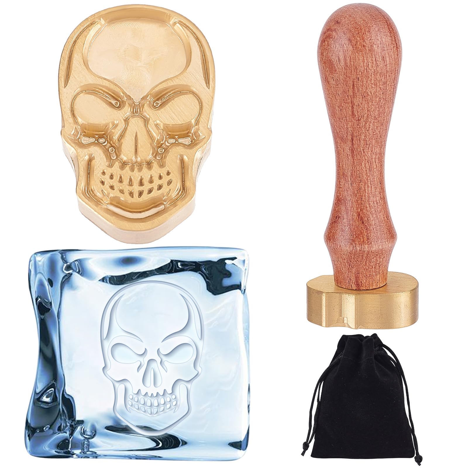 CRASPIRE Skull Ice Stamp Skeleton Ice Cube Mould Ice Branding Stamp with Removable Brass Head & Wood Handle Vintage Ice Stamp for DIY Crafting Cocktail Whiskey Mojito Drinks Bar Making