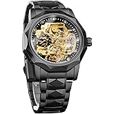 FORSINING Men's Skeleton Automatic Mechanical Watch with Diamond-Cut 12-Sided Bezel & Exposed Gears & Tourbillon Design, Unique Rhombus-Link Stainless Steel Bracelet Self-Wind Wristwatch